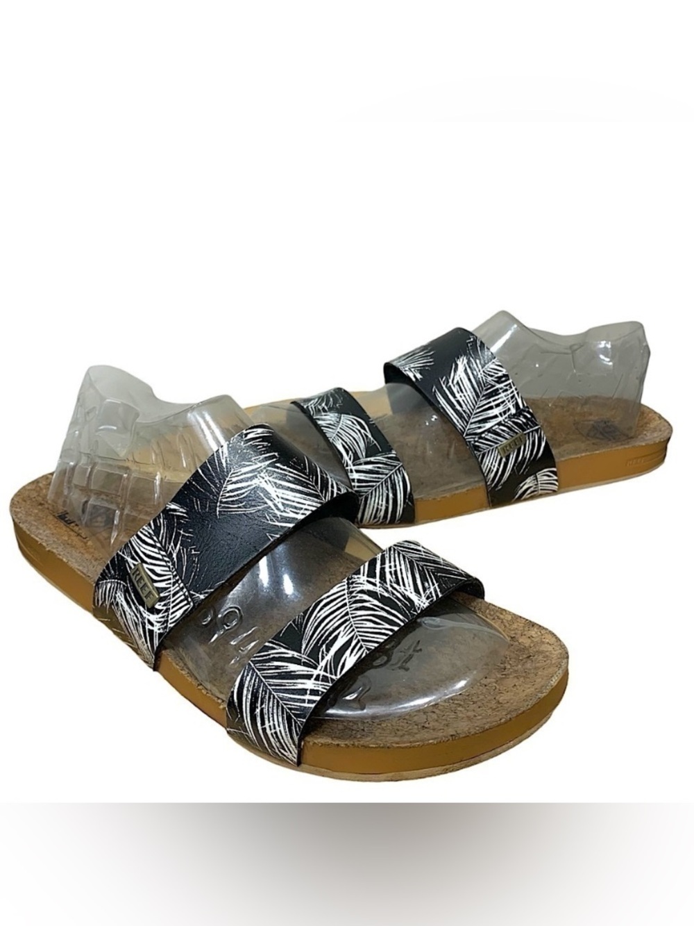 REEF Cushion Vista Slides Double Straps Sandal Black Palm Vegan Leather Sz 10